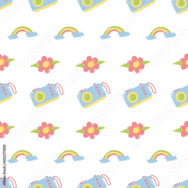 Fototapeta Seamless Pattern with Rainbows, Flowers, and Cameras