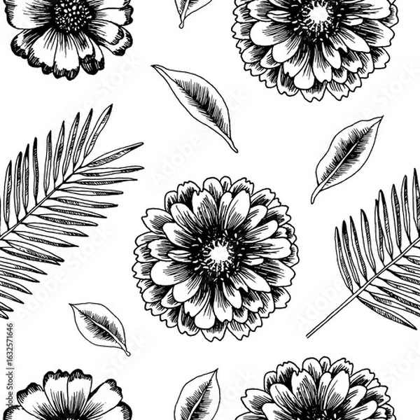 Fototapeta Palm leaf and flowers silhouette seamless pattern, vector leaves isolated on white background