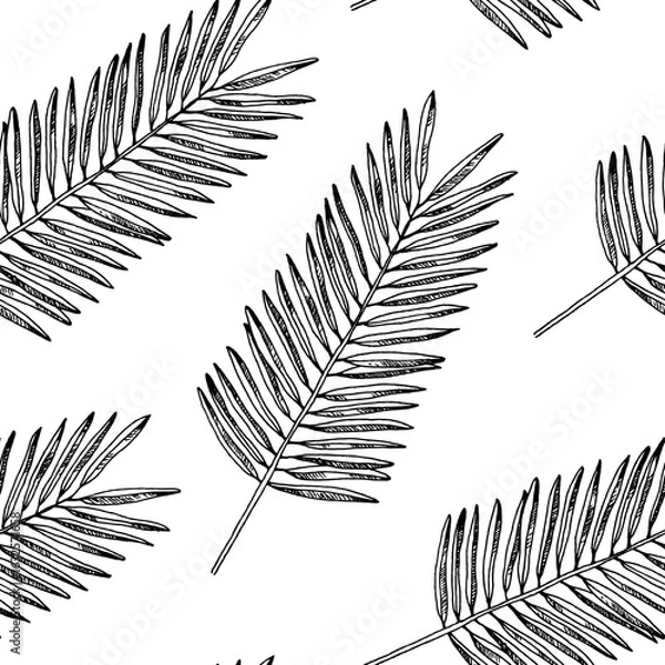 Fototapeta Palm leaf silhouette seamless pattern, vector leaves isolated on white background