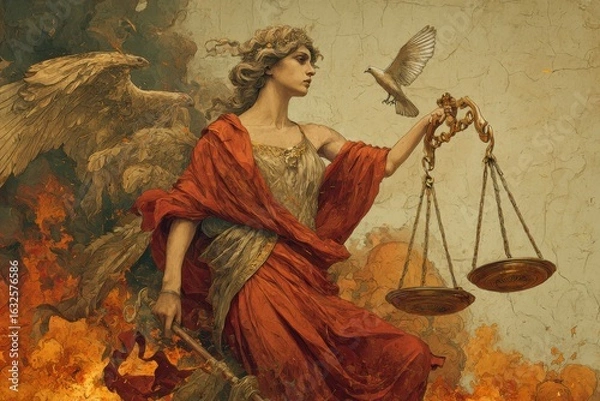 Fototapeta A mythological-style illustration where the Greek goddess Themis holds a broken scale--one side is sinking into hellfire with war and greed, while the other side ascends to heaven with a lone dove. 
