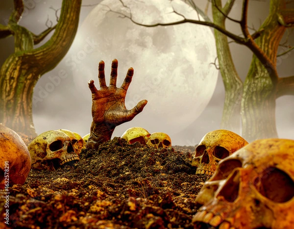 Fototapeta Dark haunted forest at night with bare twisted trees and dense blue mist. In the center, a single decayed zombie hand rising from the ground, surrounded by scattered human skulls.