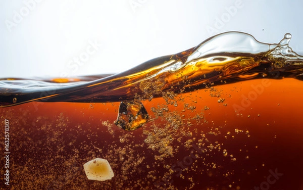 Fototapeta Ice cubes in splashing cola with bubbles liquid beverage