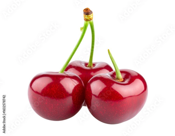 Fototapeta Cluster of Three Glossy Red Cherries with Green Stems, Front View, Transparent PNG