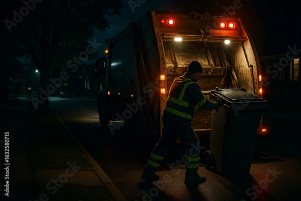 Fototapeta A garbage collector emptying a trash can into a garbage truck at night on a dark street near houses