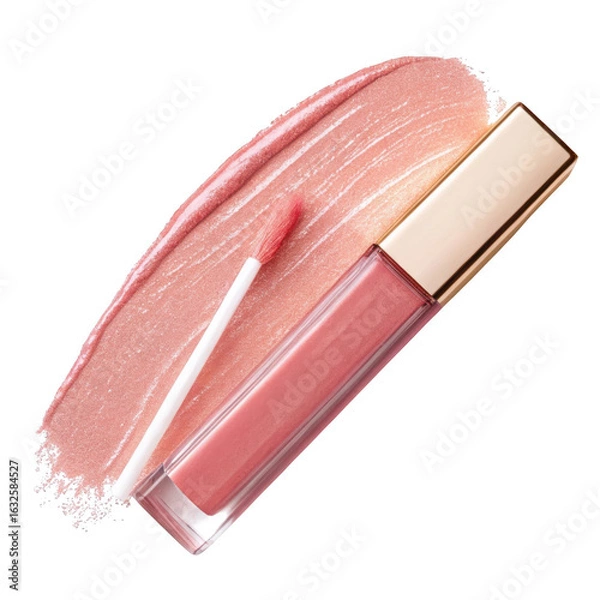 Fototapeta Close up of shimmering pink lip gloss with applicator brush on a matching smear of lip gloss isolated on transparent background