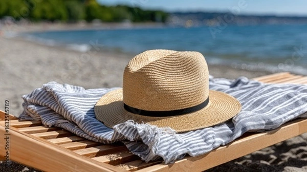 Fototapeta A yellow straw hat lies on a blue-striped towel by the beach, with shimmering water reflecting sunlight creating a summer vibe