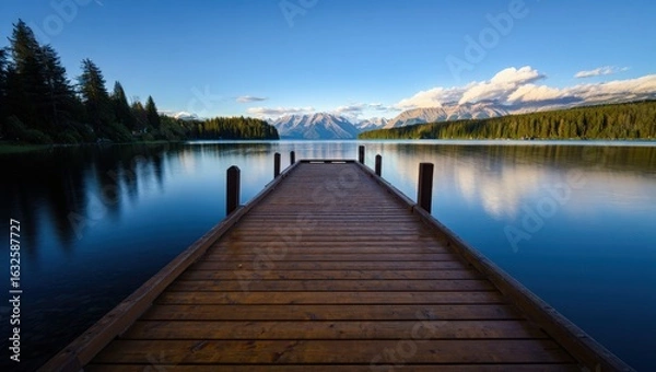 Fototapeta A wooden dock extending into a calm lake with mountains and trees in the background on a clear day