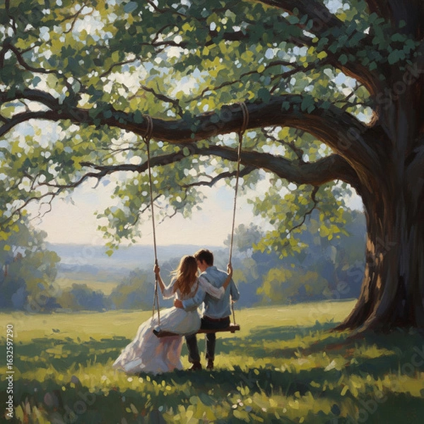 Fototapeta Couple on Swing Under Oak Tree – Impressionist Painting (Sunlit Meadow, Soft Brushstrokes)