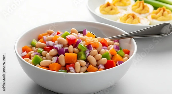 Obraz Healthy, Vibrant White Bowl Filled with Cooked Bean Salad