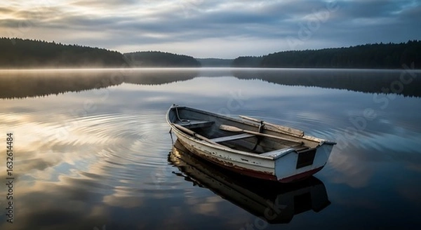 Fototapeta A solitary rowboat on a tranquil lake at dawn with misty forest and sky reflections