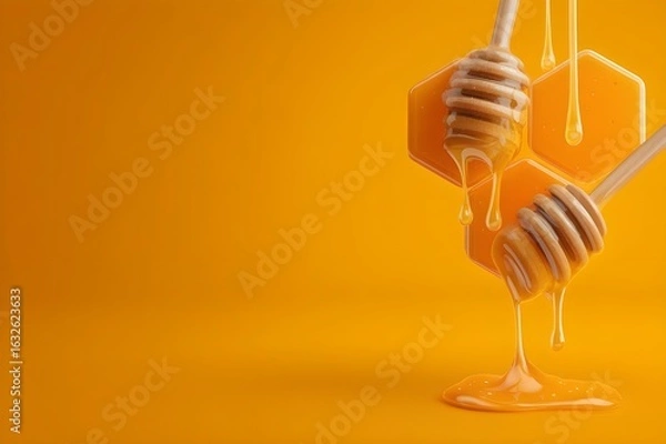 Fototapeta Honey dripping from a honey dipper. Rustic natural honey with wooden spoon, shot in warm natural light for artisan food branding. Delicious sticky honey close-up. Honey background. Natural sweet syrup