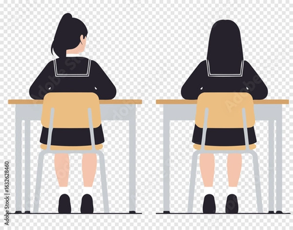 Fototapeta Two Japanese schoolgirls in traditional black sailor style school uniforms (seifuku), sits at their wooden desks, viewed from behind. Simple flat vector illustration isolated on transparent background