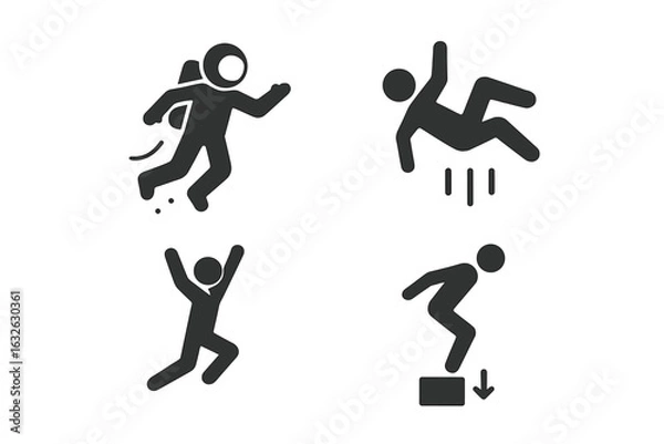 Obraz Gravity solid icons set. Glyph pictograms of human interaction with gravity. Floating astronaut in space, person falling, jumping athlete. Physics concept vector illustrations.