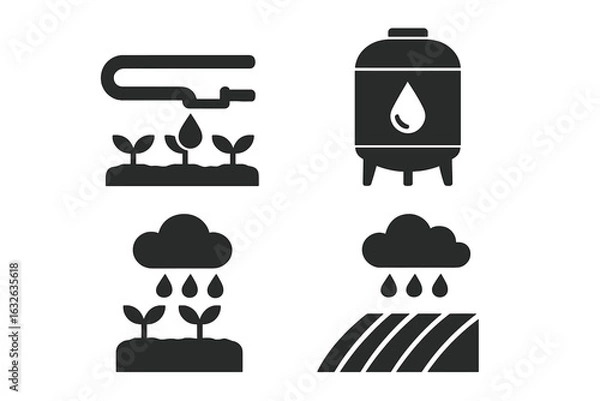 Obraz Water conservation farming icons set. Drip irrigation, water tank storage, rainfall watering, sustainable agriculture and crop care. Solid vector illustration. Modern agriculture efficiency tools.