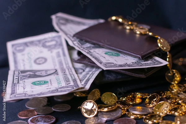 Fototapeta Several one dollar bills surrounding a brown leather wallet. The photograph is styled with gold coins to suit the theme of wealth building.