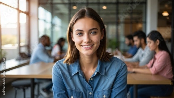 Fototapeta Smiling Young Woman with Diverse Group in Background