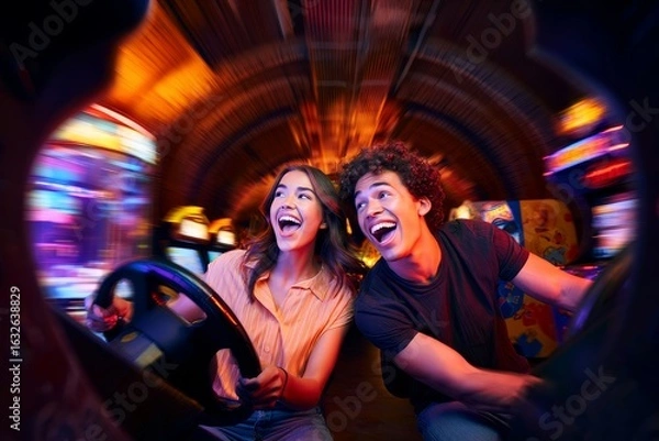 Fototapeta Excited Couple Enjoying a Racing Arcade Game