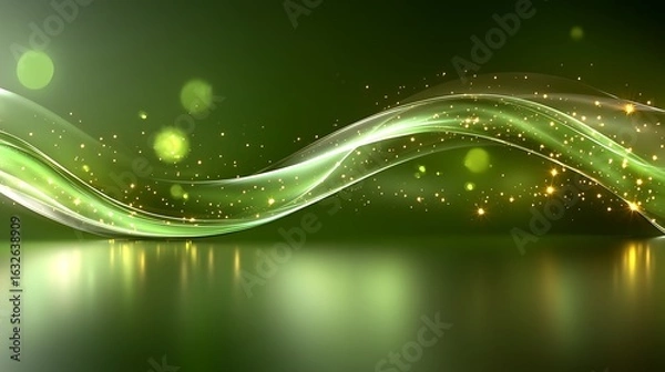 Fototapeta Abstract design with shimmering green waves and golden sparkles.