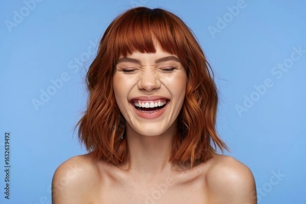 Fototapeta Joyful Woman Laughing with Closed Eyes - Studio Portrait