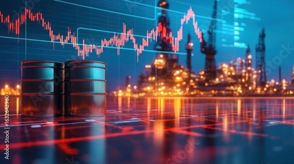 Fototapeta Oil barrels in front of a digital stock market display and oil rigs.