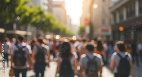 Fototapeta Blurred background of a crowd of people walking down a sunny urban street in summer