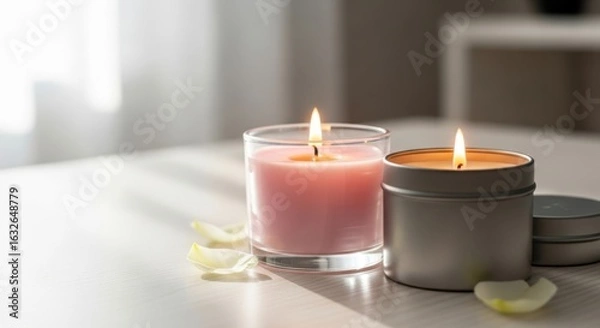 Fototapeta Warm Glow of Two Scented Candles on a Table