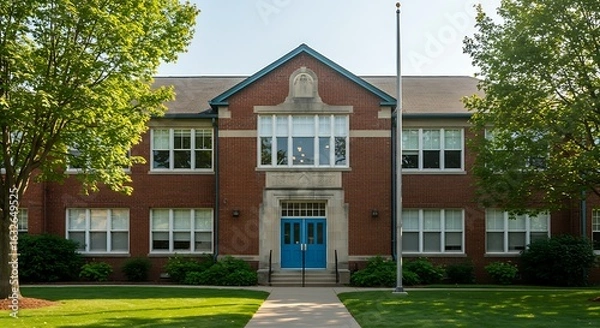 Fototapeta Sunny day at a traditional red brick elementary school with a large front lawn