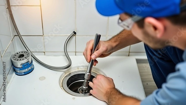 Fototapeta Professional plumber repairing clogged drain in bathroom sink plumbing service and maintenance expert