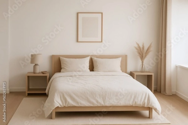Obraz Modern and minimalist bedroom interior featuring a wooden bed, matching nightstands, a beige rug, and neutral toned linens, creating a serene and calming atmosphere