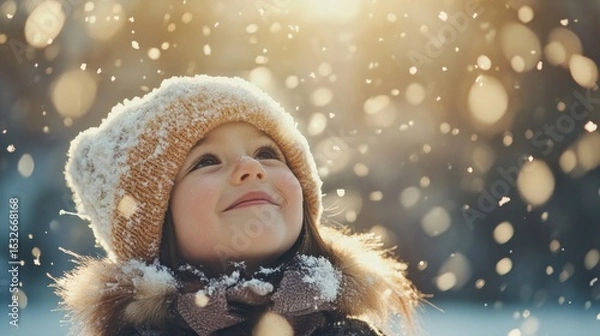 Fototapeta A joyful child enjoying a snowy day, looking up with wonder amidst falling snowflakes.
