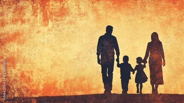 Obraz A silhouette of a family walking together against a warm, textured background.