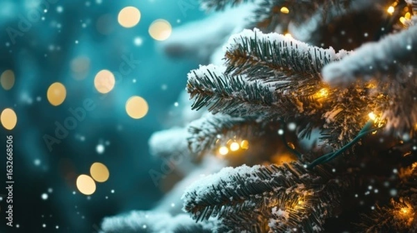 Fototapeta A snowy Christmas tree adorned with warm lights, creating a festive atmosphere.