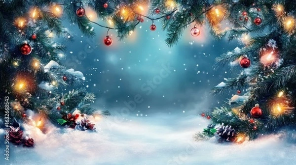 Fototapeta A winter scene with snow, Christmas trees, ornaments, and twinkling lights.