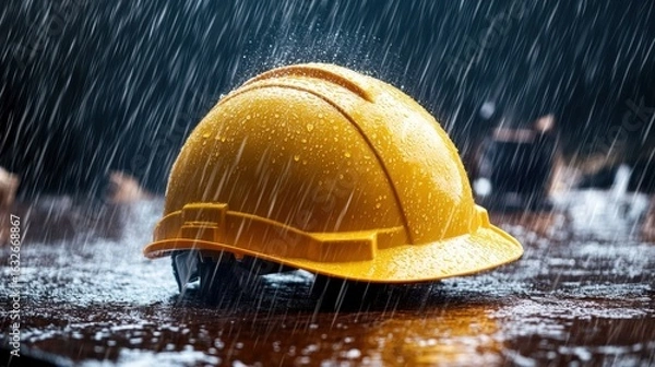 Obraz A yellow hard hat resting on a wet surface, surrounded by falling rain.