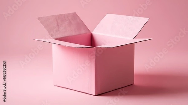 Fototapeta Pink cardboard box sits open against pink background. Concept, packaging, delivery, graphic design.