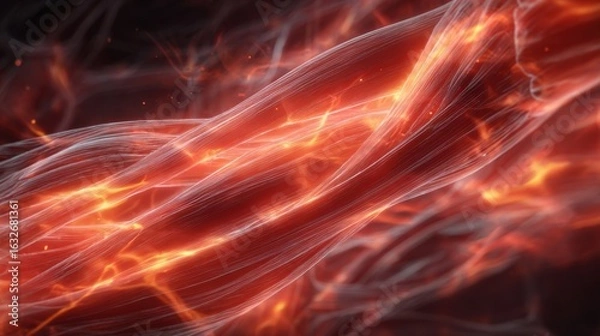 Fototapeta Dynamic ember flames overlay on medical illustration of rigid skeletal muscles representing hyperthermia and dopamine blockade in neuroleptic malignant syndrome.