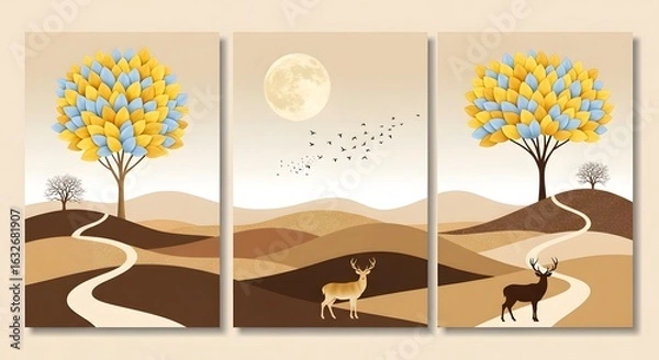 Obraz Triptych art canvas wall art tree deer landscape nature scenery modern art print decor design