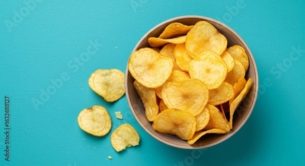 Fototapeta 青い背景に盛られた黄色いチップス、食欲をそそる俯瞰撮影