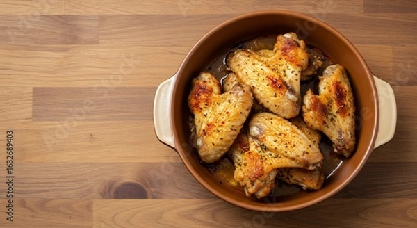 Fototapeta 焼き色が美しいチキンウィング　食欲をそそる木製テーブルの上で
