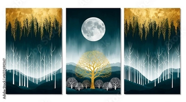 Obraz Abstract forest landscape art print canvas wall art decor moonlit trees gold leaf nature scenery