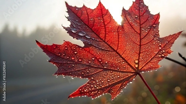 Fototapeta Close up of a vibrant red maple leaf covered in morning dew drops