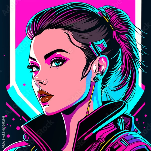 Fototapeta Cyberpunk woman with a ponytail in a futuristic outfit, set against a vibrant neon backdrop with pink, blue, and purple tones, geometric elements, and dynamic visual style.
