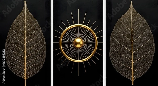 Obraz Golden leaf vein art design background with circle and lines elegant nature botanical style