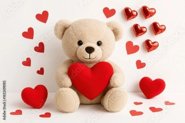 Fototapeta Adorable plush teddy bear holding a heart within a backdrop of scattered heart shapes signifying love affection and joyful emotions in a charming bright setting
