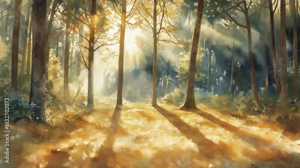 Fototapeta A forest clearing with tall trees, the sun's rays breaking through them and casting long shadows on the ground, creating an atmosphere of tranquility and mystery.