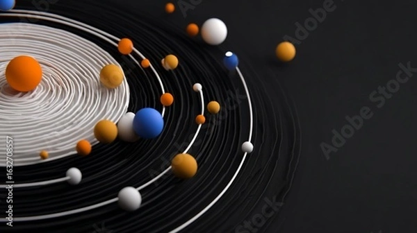 Obraz Abstract spiral design with orbiting spheres