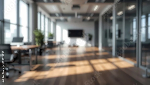 Fototapeta blurred background of an office interior, Abstract Background of Bright Office with Soft Focus and Wide Windows

