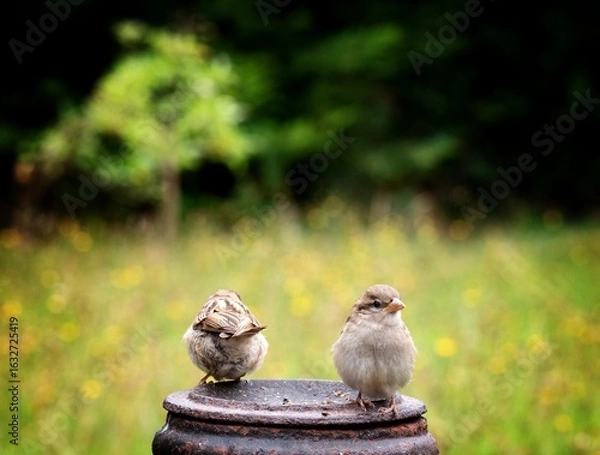 Fototapeta Two sparrows in a garden