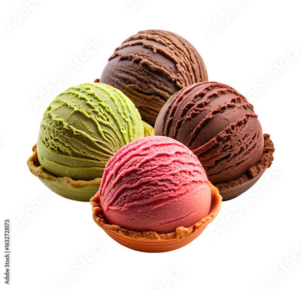 Fototapeta Four Flavors of Ice Cream Scoops in Waffle Cones on Transparent Background