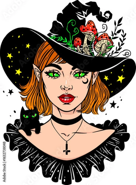 Fototapeta Beautiful witch with black kitten